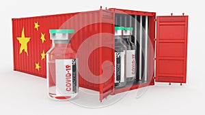 Cargo China container with coronavirus vaccine. isolated white background. Large bottle of vaccine against Covid-19 3d