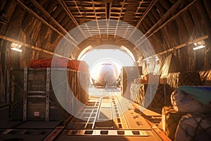 The cargo compartment of transport aircraft. Loading a cargo plane. Global logistics, international delivery, air mail