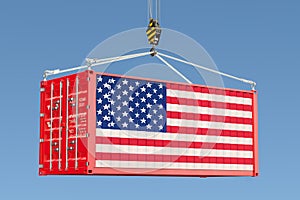 Cargo container with American flag hanging on the crane hook against blue sky, 3d rendering
