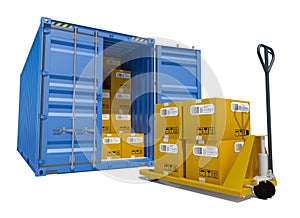 Cargo container with boxes and pallet trolley