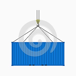 Cargo Container. Crane lifts blue container. Metal shipping cargo box in flat style. Vector.