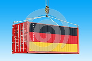 Cargo container with German flag hanging on the crane hook again