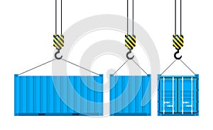 Cargo container hanging on a crane hook. Port crane. Worldwide delivery. Vector illustration