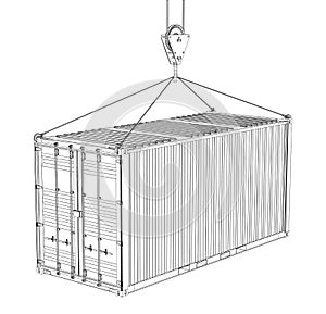 Cargo container hanging on hook of crane