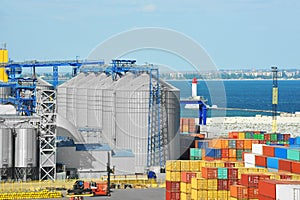 Cargo container, pipe and grain drayer in port