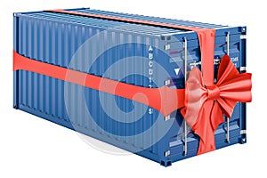 Cargo container with red ribbon and bow, present concept. 3D rendering