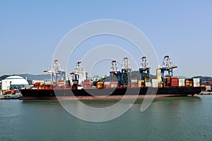 Cargo container ship berthed in port of Xiamen, China.