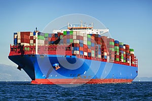 Cargo container ship in import export business, commercial international trade logistic and transportation concept