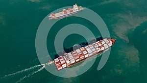 cargo container ship sailing in sea to import export goods and distributing product to dealer and consumers across worldwide, by