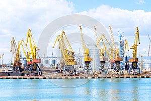 Cargo container terminal of sea freight industrial port. Port cargo cranes over blue sky background. Large elevator in the s