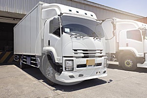 Cargo Container Truck Parked Loading at Dock Warehouse. Cargo Shipment. Industry Freight Truck Transportation.