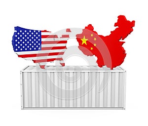 Cargo Container with United States and China Map Isolated. Trade war Concept