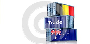 Cargo containers with Australia and Belgien national flags.