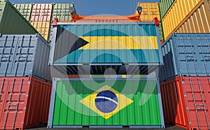 Cargo containers with Bahamas and Brazil national flags.
