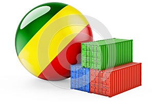 Cargo containers with Congolese flag. Freight shipping in Congo, 3D rendering