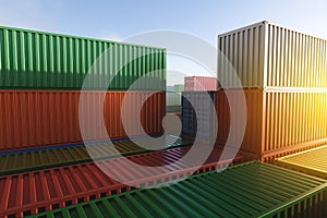 Cargo containers of different colors in the fog