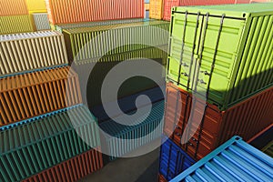 Cargo containers of different colors in the fog