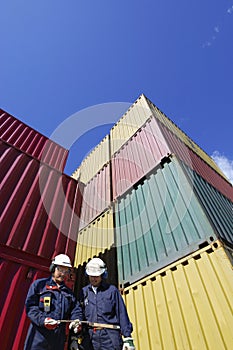 Cargo containers and dock workers