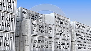 Cargo containers with Product of AUSTRALIA text. Australian import or export related loopable 3D animation