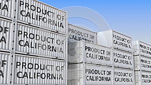 Cargo containers with PRODUCT OF CALIFORNIA text. Import or export related 3D rendering