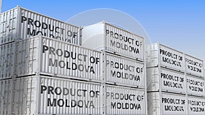 Cargo containers with PRODUCT OF MOLDOVA text. Moldovan import or export related 3D rendering