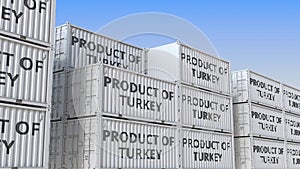 Cargo containers with PRODUCT OF TURKEY text. Turkish import or export related loopable 3D animation