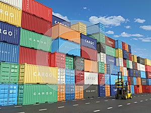 Cargo containers in shipping yard and forklift. Delivery shipping logistic import export industrial concept.