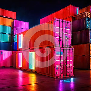 Cargo containers stacked, high technology modern advanced shipping tech represented by cyberpunk lights