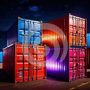 Cargo containers stacked, high technology modern advanced shipping tech represented by cyberpunk lights