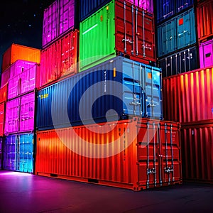 Cargo containers stacked, high technology modern advanced shipping tech represented by cyberpunk lights