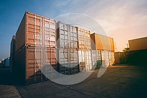 Cargo containers stacked in port. Container port or terminal.