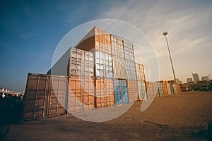 Cargo containers stacked in port. Container port or terminal.