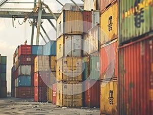 Cargo containers stacked in a port. The containers are used for shipping, transportation, Global Trade and Logistics in