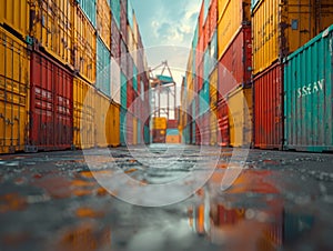 Cargo containers stacked in a port. The containers are used for shipping, transportation, Global Trade and Logistics in