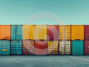 Cargo containers stacked in a port. The containers are used for shipping, transportation, Global Trade and Logistics in