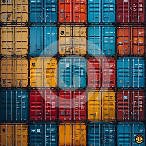 Cargo containers stacked in a port. The containers are used for shipping, transportation, Global Trade and Logistics in