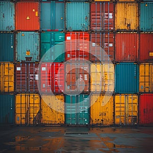 Cargo containers stacked in a port. The containers are used for shipping, transportation, Global Trade and Logistics in