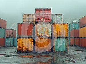 Cargo containers stacked in a port. The containers are used for shipping, transportation, Global Trade and Logistics in