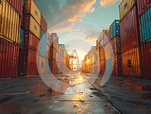 Cargo containers stacked in a port. The containers are used for shipping, transportation, Global Trade and Logistics in