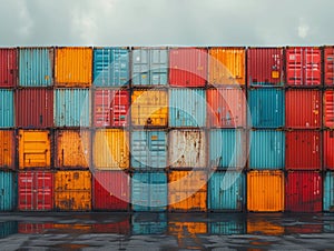 Cargo containers stacked in a port. The containers are used for shipping, transportation, Global Trade and Logistics in