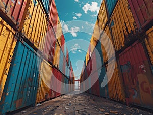 Cargo containers stacked in a port. The containers are used for shipping, transportation, Global Trade and Logistics in