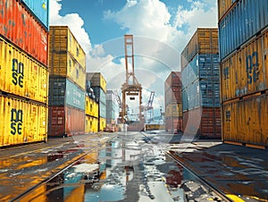 Cargo containers stacked in a port. The containers are used for shipping, transportation, Global Trade and Logistics in