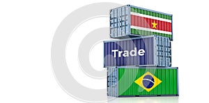 Cargo containers with Suriname and Brazil national flags.