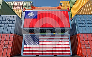 Cargo containers with Taiwan and USA national flags.