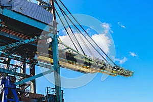 Cargo cranes in jetty over blue sky