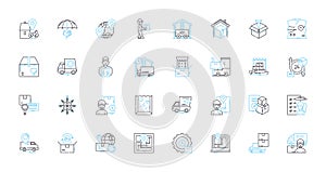 Cargo delivery linear icons set. Logistics, Shipping, Freight, Transportation, Dispatch, Shipment, Hauling line vector