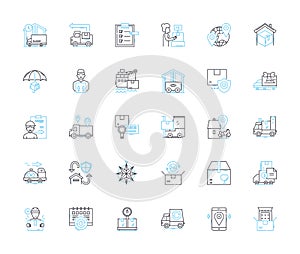 Cargo delivery linear icons set. Logistics, Shipping, Freight, Transportation, Dispatch, Shipment, Hauling line vector