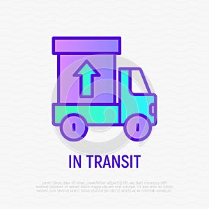 Cargo delivery service in transit thin gradient line icon: truck with box. Logo for logistic company. Modern vector illustration