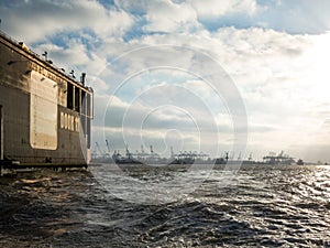 Cargo Dock at Hamburg Port with unloaders visible in far background