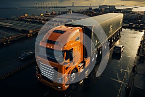 Cargo excellence Aerial shot shows semi truck, container, reflecting efficient logistics